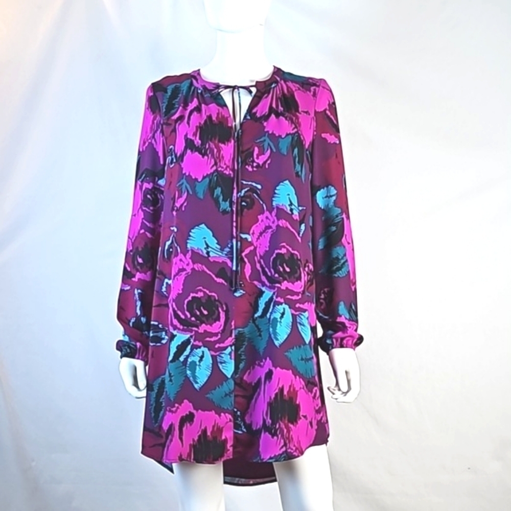 Charles Henry  Multi-Color Jewel Tone Floral Print Long Sleeve Shift Dress - Picture 3 of 16